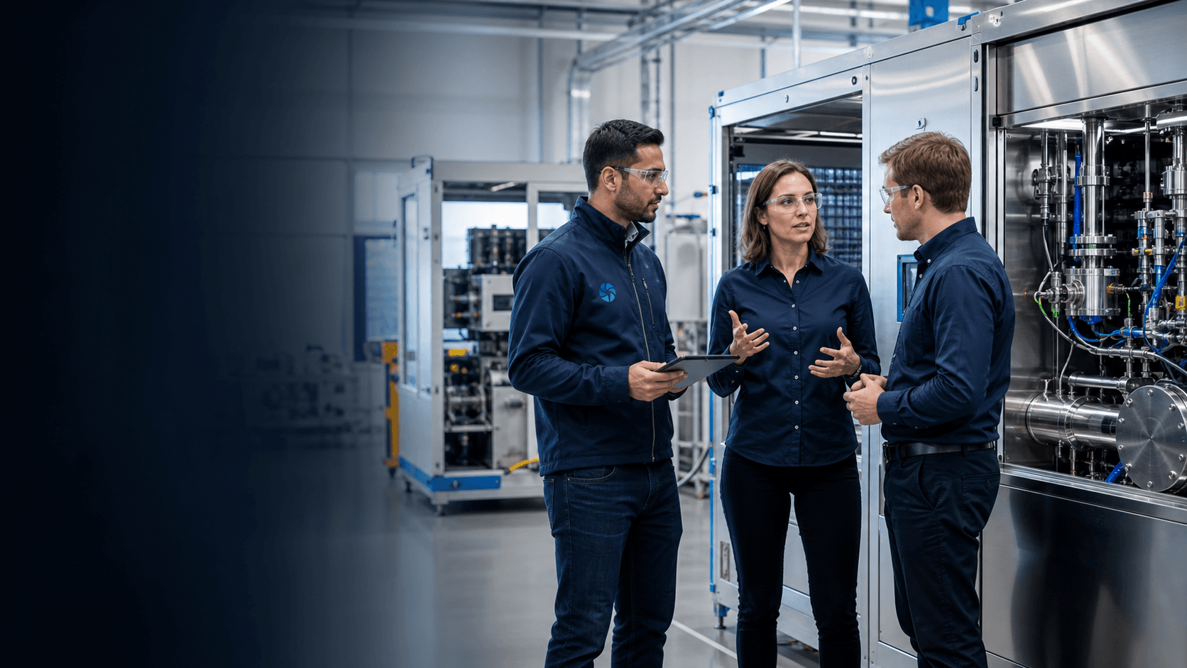 Vemdra engineers discussing PEM hydrogen equipment
