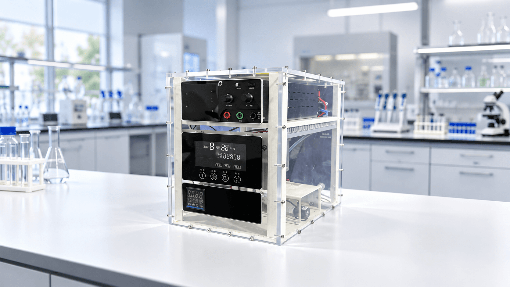 Complete PEM water electrolyzer test platform on a laboratory workbench