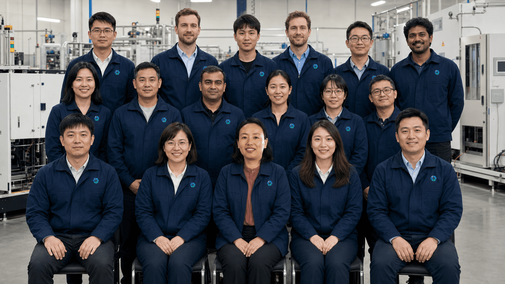 Vemdra team of eighteen engineers and factory professionals, with Sunny at the center